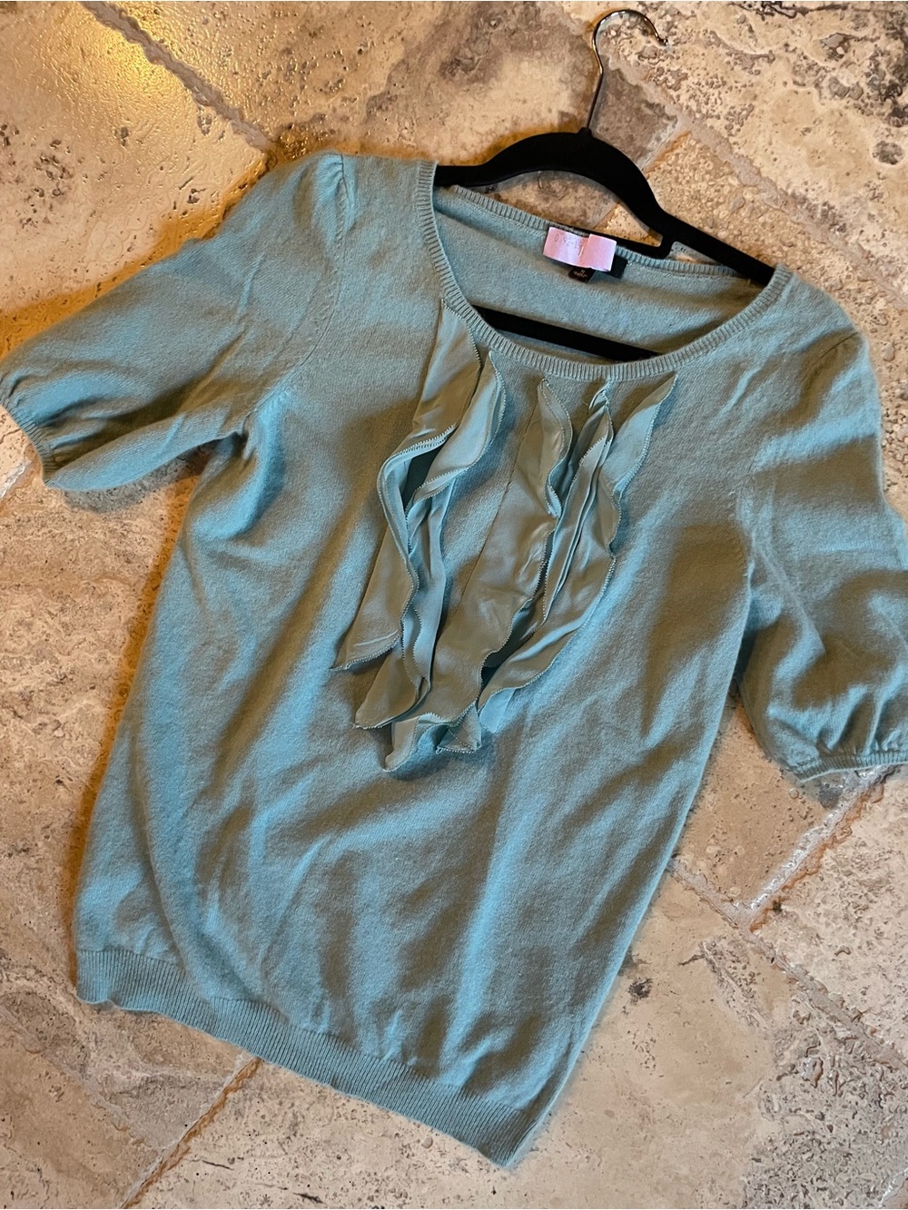 Ann Taylor teal ruffle-front short sleeve top